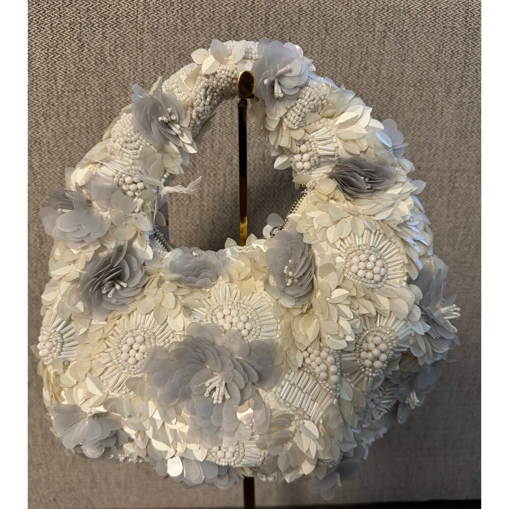 Viral Handcrafted in India White/Gray 3D Floral Beaded Crescent Bag Mini Bag NWT